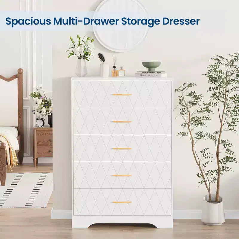 5 Drawer Wooden Dressers for Bedroom, Wood Chest of Drawers with Gold Handles for Closet, Modern Nightstand for Bedside, Storage Organizer Cabinet