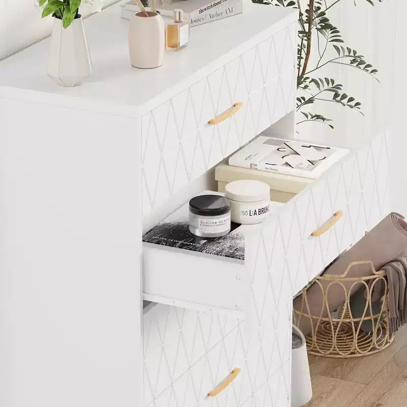 5 Drawer Wooden Dressers for Bedroom, Wood Chest of Drawers with Gold Handles for Closet, Modern Nightstand for Bedside, Storage Organizer Cabinet