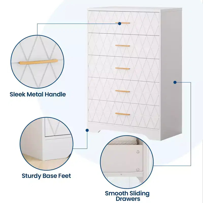 5 Drawer Wooden Dressers for Bedroom, Wood Chest of Drawers with Gold Handles for Closet, Modern Nightstand for Bedside, Storage Organizer Cabinet