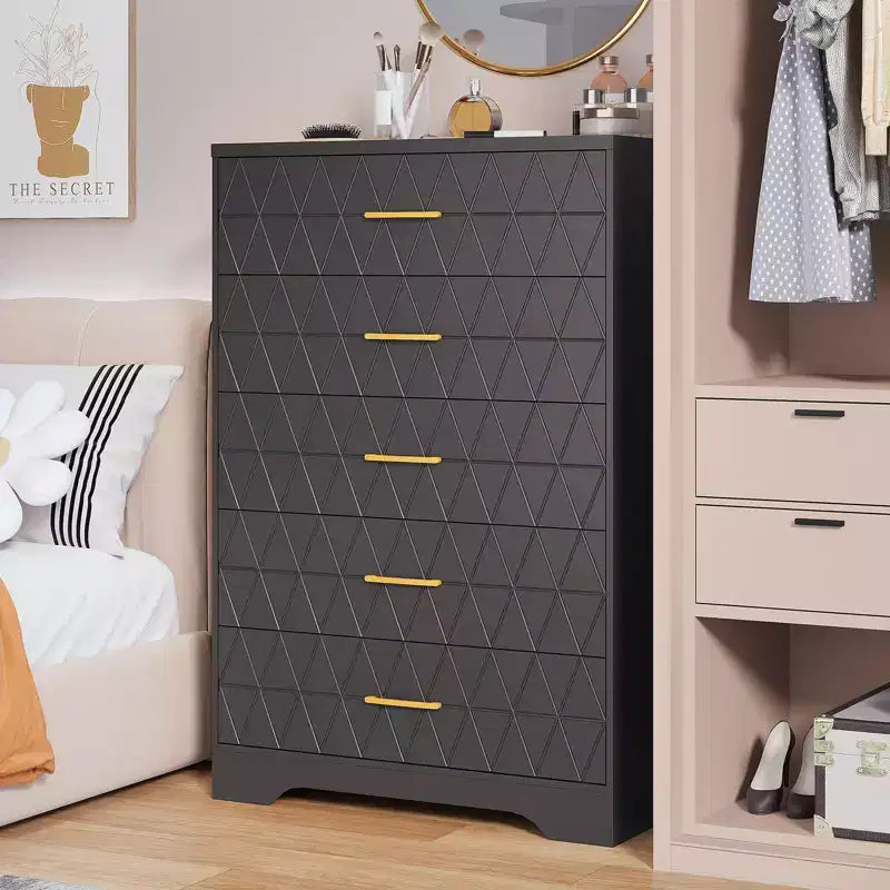 5 Drawer Wooden Dressers for Bedroom, Wood Chest of Drawers with Gold Handles for Closet, Modern Nightstand for Bedside, Storage Organizer Cabinet