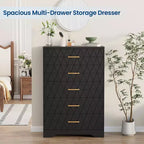 5 Drawer Wooden Dressers for Bedroom, Wood Chest of Drawers with Gold Handles for Closet, Modern Nightstand for Bedside, Storage Organizer Cabinet