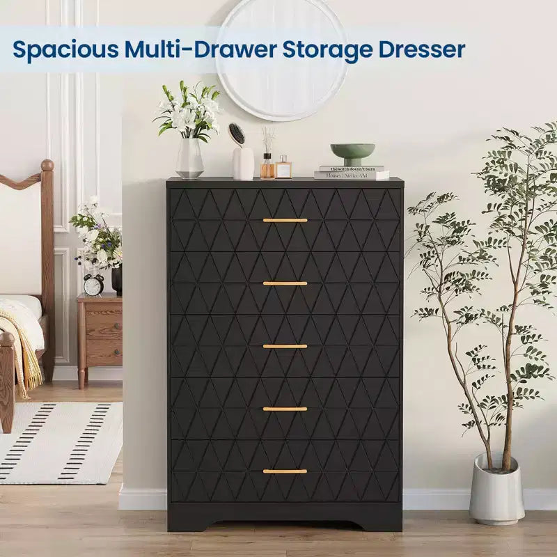 5 Drawer Wooden Dressers for Bedroom, Wood Chest of Drawers with Gold Handles for Closet, Modern Nightstand for Bedside, Storage Organizer Cabinet