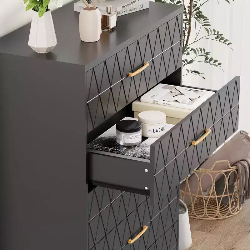 5 Drawer Wooden Dressers for Bedroom, Wood Chest of Drawers with Gold Handles for Closet, Modern Nightstand for Bedside, Storage Organizer Cabinet