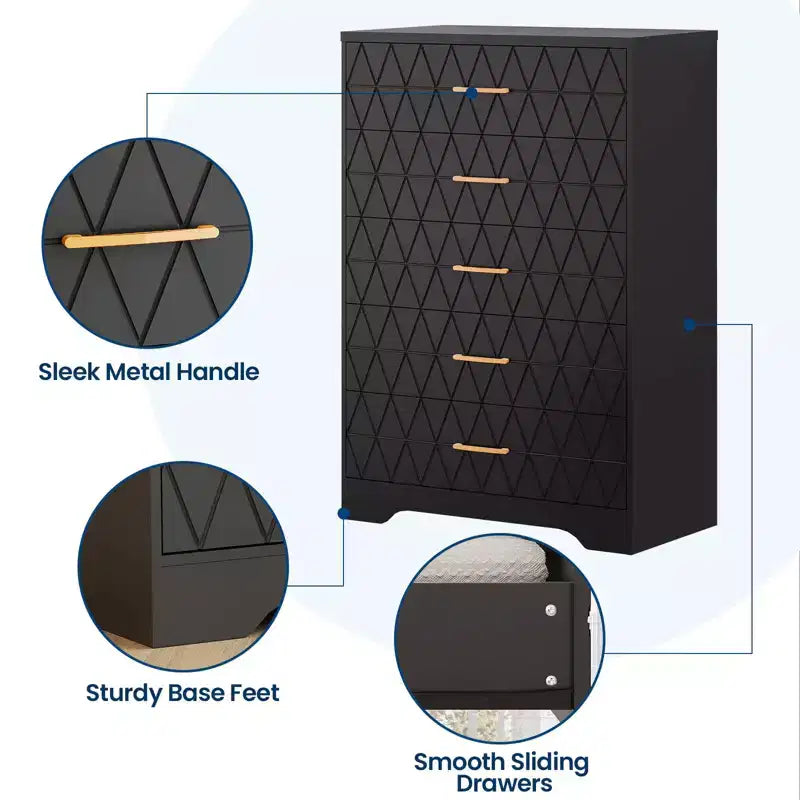 5 Drawer Wooden Dressers for Bedroom, Wood Chest of Drawers with Gold Handles for Closet, Modern Nightstand for Bedside, Storage Organizer Cabinet