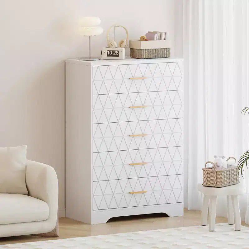 5 Drawer Wooden Dressers for Bedroom, Wood Chest of Drawers with Gold Handles for Closet, Modern Nightstand for Bedside, Storage Organizer Cabinet