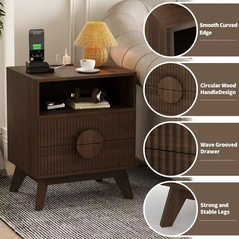 Modern Fluted Bedside Table Set of 2  Wood Bedside Table  2 Drawers & Open Storage Shelf  End Table with Outlets