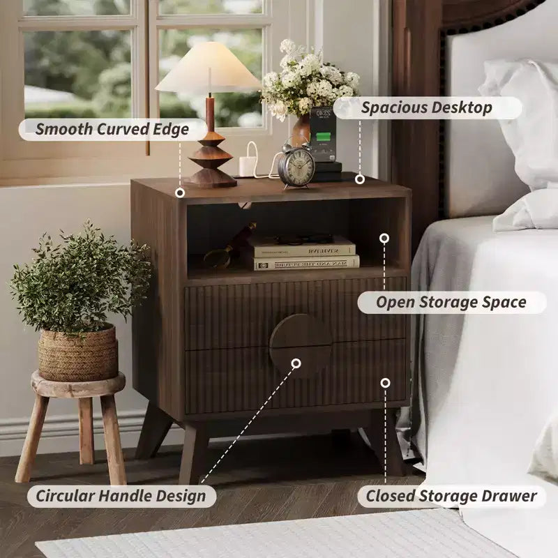 Modern Fluted Bedside Table Set of 2  Wood Bedside Table  2 Drawers & Open Storage Shelf  End Table with Outlets
