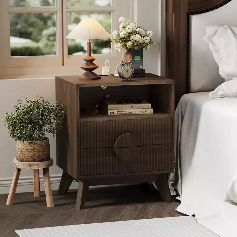 Modern Fluted Bedside Table Set of 2  Wood Bedside Table  2 Drawers & Open Storage Shelf  End Table with Outlets