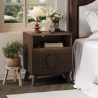 Modern Fluted Bedside Table Set of 2  Wood Bedside Table  2 Drawers & Open Storage Shelf  End Table with Outlets