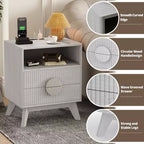 Modern Fluted Bedside Table Set of 2  Wood Bedside Table  2 Drawers & Open Storage Shelf  End Table with Outlets