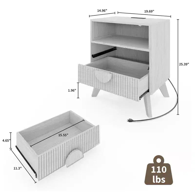Modern Fluted Bedside Table Set of 2  Wood Bedside Table  2 Drawers & Open Storage Shelf  End Table with Outlets