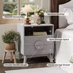 Modern Fluted Bedside Table Set of 2  Wood Bedside Table  2 Drawers & Open Storage Shelf  End Table with Outlets