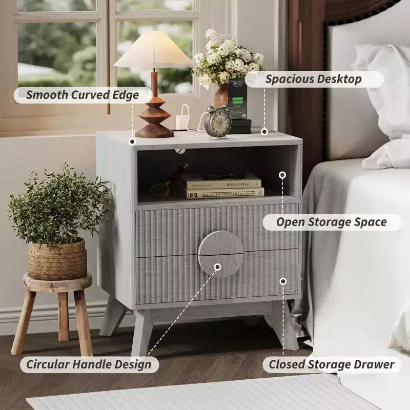 Modern Fluted Bedside Table Set of 2  Wood Bedside Table  2 Drawers & Open Storage Shelf  End Table with Outlets