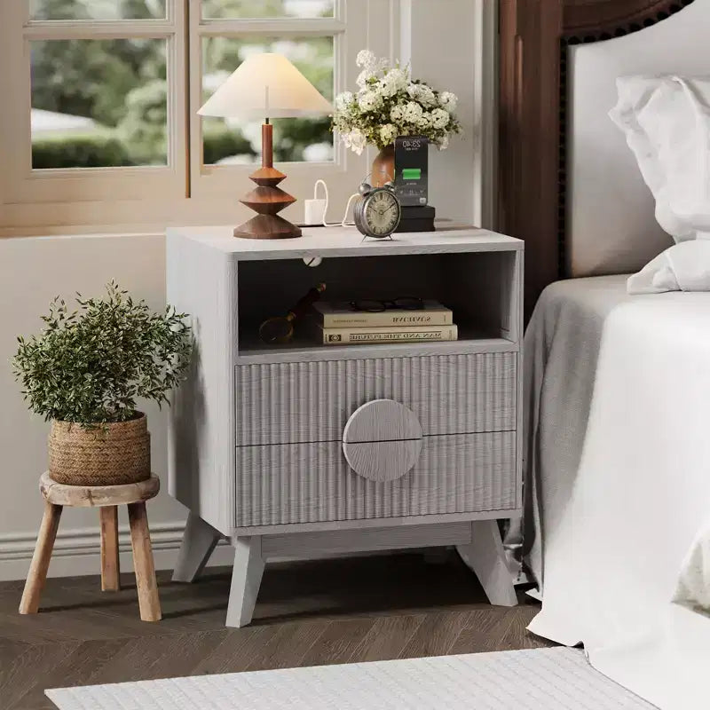Modern Fluted Bedside Table Set of 2  Wood Bedside Table  2 Drawers & Open Storage Shelf  End Table with Outlets