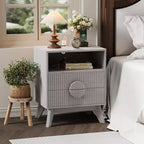 Modern Fluted Bedside Table Set of 2  Wood Bedside Table  2 Drawers & Open Storage Shelf  End Table with Outlets
