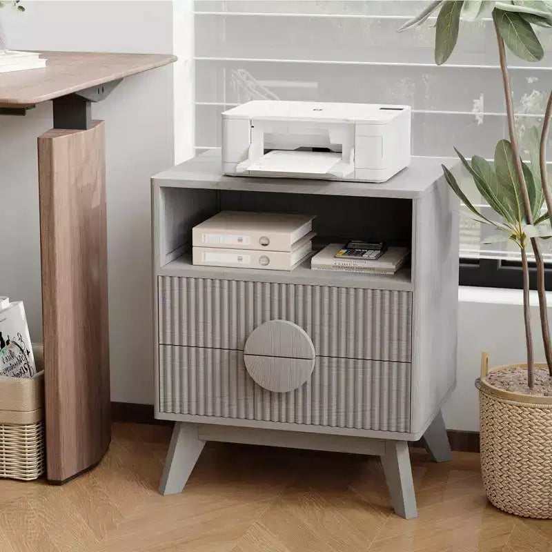 Modern Fluted Bedside Table Set of 2  Wood Bedside Table  2 Drawers & Open Storage Shelf  End Table with Outlets