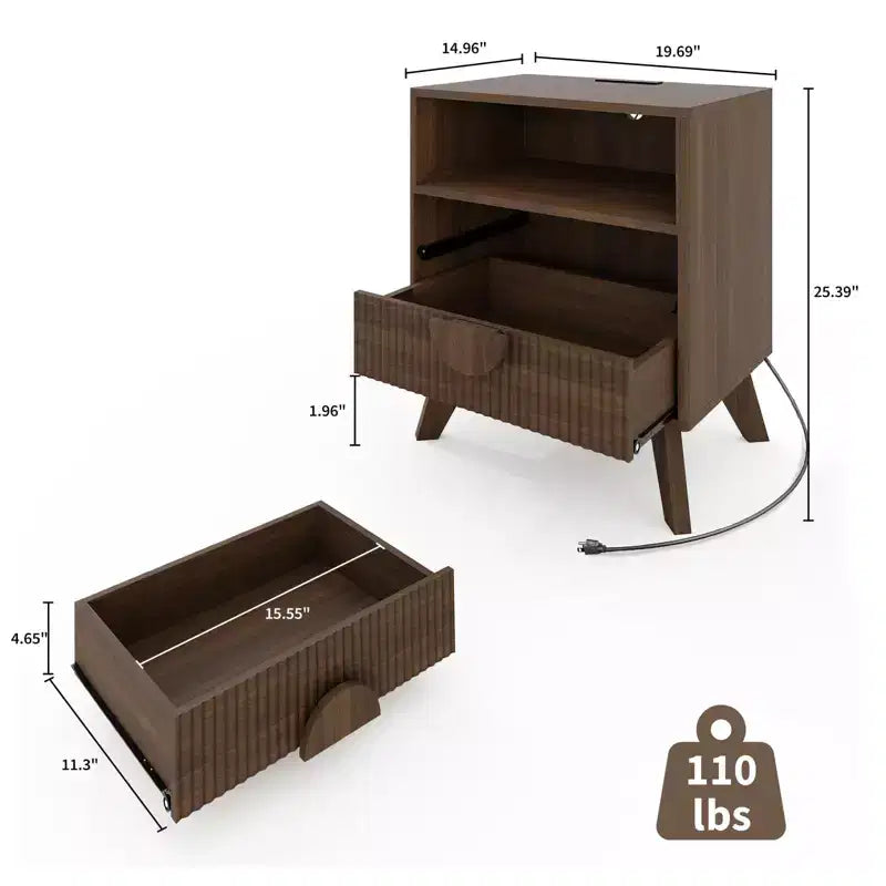 Modern Fluted Bedside Table Set of 2  Wood Bedside Table  2 Drawers & Open Storage Shelf  End Table with Outlets