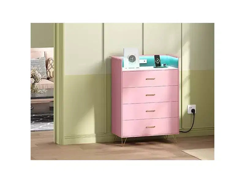 Dresser with Charging Station  4-Drawer Tall Wooden Chest  Large Storage Cabinet for Bedroom, Living Room, or Closet