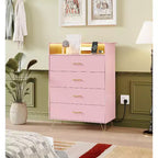 Dresser with Charging Station  4-Drawer Tall Wooden Chest  Large Storage Cabinet for Bedroom, Living Room, or Closet