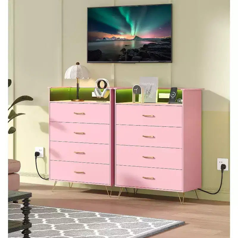 Dresser with Charging Station  4-Drawer Tall Wooden Chest  Large Storage Cabinet for Bedroom, Living Room, or Closet