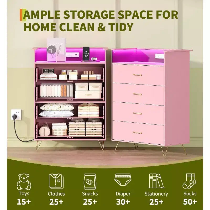 Dresser with Charging Station  4-Drawer Tall Wooden Chest  Large Storage Cabinet for Bedroom, Living Room, or Closet