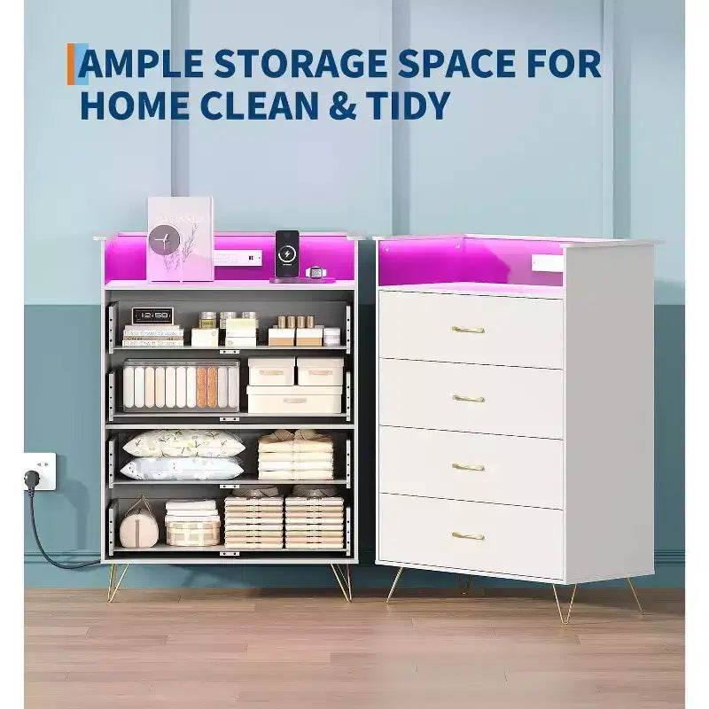 Dresser with Charging Station  4-Drawer Tall Wooden Chest  Large Storage Cabinet for Bedroom, Living Room, or Closet