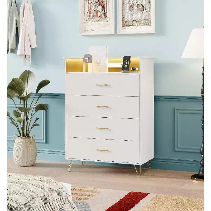 Dresser with Charging Station  4-Drawer Tall Wooden Chest  Large Storage Cabinet for Bedroom, Living Room, or Closet