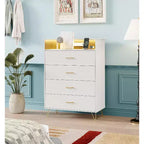 Dresser with Charging Station  4-Drawer Tall Wooden Chest  Large Storage Cabinet for Bedroom, Living Room, or Closet