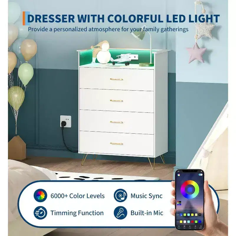 Dresser with Charging Station  4-Drawer Tall Wooden Chest  Large Storage Cabinet for Bedroom, Living Room, or Closet