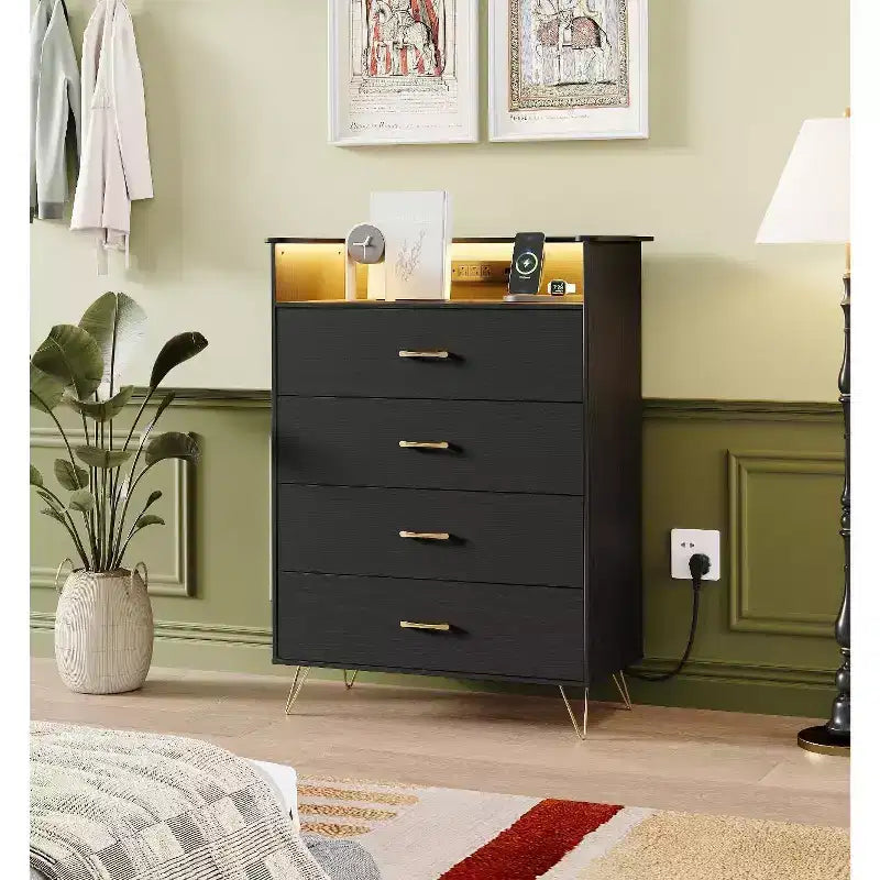 Dresser with Charging Station  4-Drawer Tall Wooden Chest  Large Storage Cabinet for Bedroom, Living Room, or Closet