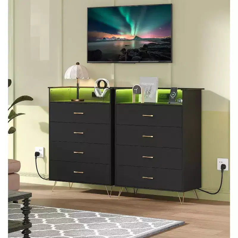 Dresser with Charging Station  4-Drawer Tall Wooden Chest  Large Storage Cabinet for Bedroom, Living Room, or Closet