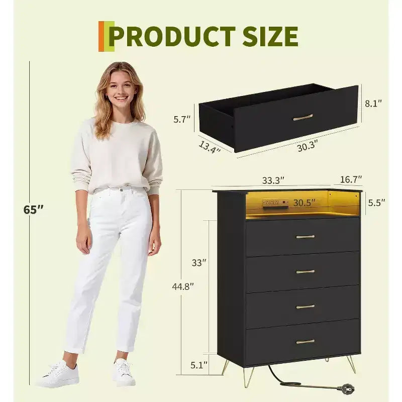 Dresser with Charging Station  4-Drawer Tall Wooden Chest  Large Storage Cabinet for Bedroom, Living Room, or Closet