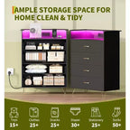 Dresser with Charging Station  4-Drawer Tall Wooden Chest  Large Storage Cabinet for Bedroom, Living Room, or Closet