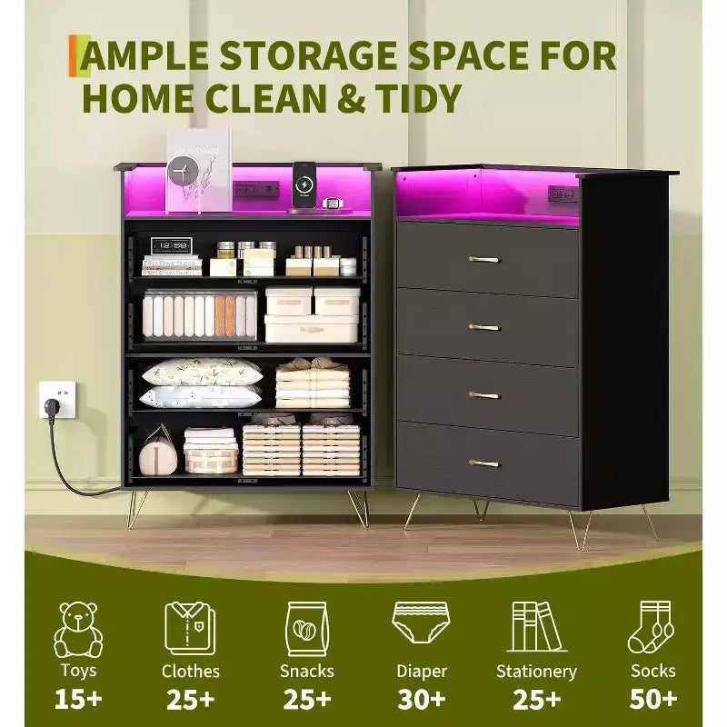 Dresser with Charging Station  4-Drawer Tall Wooden Chest  Large Storage Cabinet for Bedroom, Living Room, or Closet