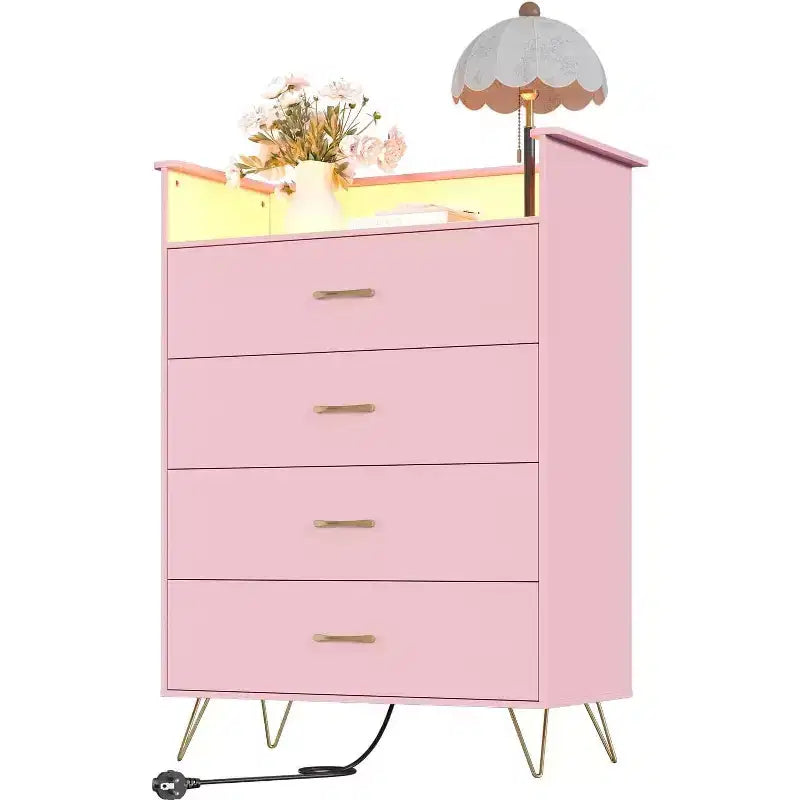 Dresser with Charging Station  4-Drawer Tall Wooden Chest  Large Storage Cabinet for Bedroom, Living Room, or Closet