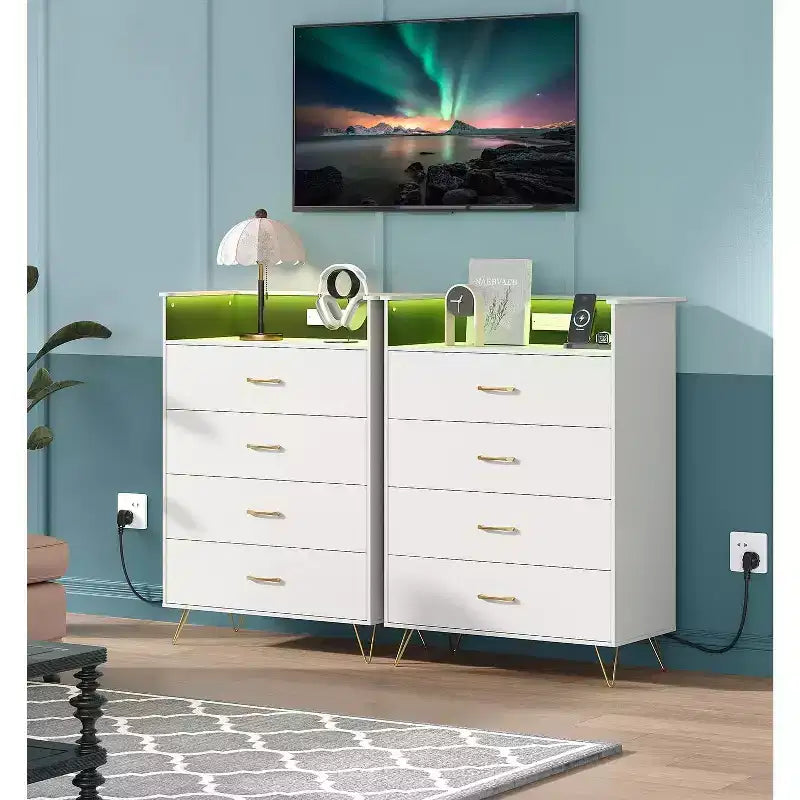 Dresser with Charging Station  4-Drawer Tall Wooden Chest  Large Storage Cabinet for Bedroom, Living Room, or Closet