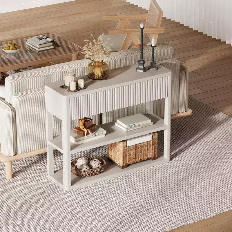 34.6 Tall Console Table - Fluted Entryway Table with 2 Drawers, 3-Tier Shelves, Wood Sofa Table for Living Room, Hallway, Foyer, Narrow Entrance