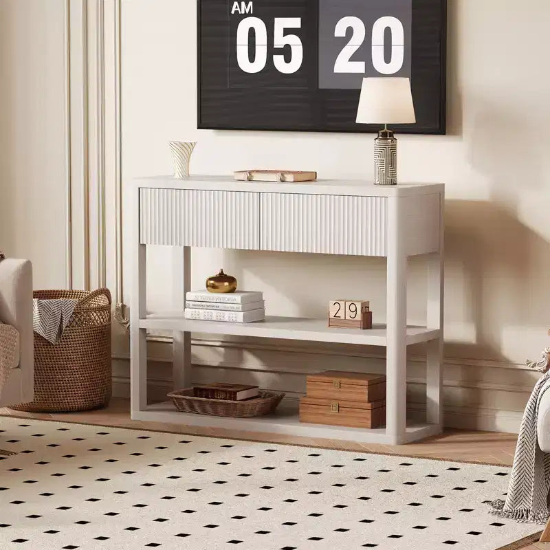 34.6 Tall Console Table - Fluted Entryway Table with 2 Drawers, 3-Tier Shelves, Wood Sofa Table for Living Room, Hallway, Foyer, Narrow Entrance