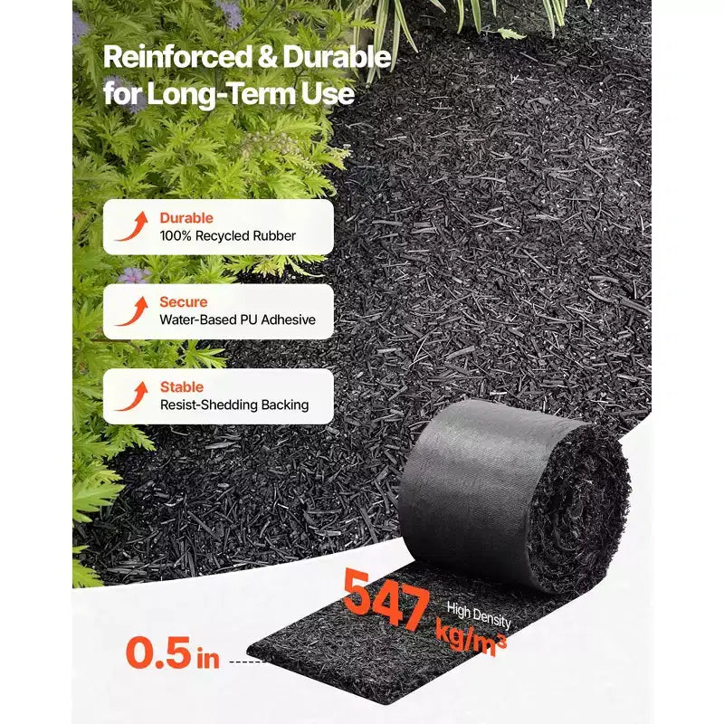 VEVOR Rubber Mulch Mat Roll, 2 Rolls 140 x 4.5 in, Recycled Rubber Permanent Mulch Edging Border, Natural-Looking Flower Barrier with Stakes, Black