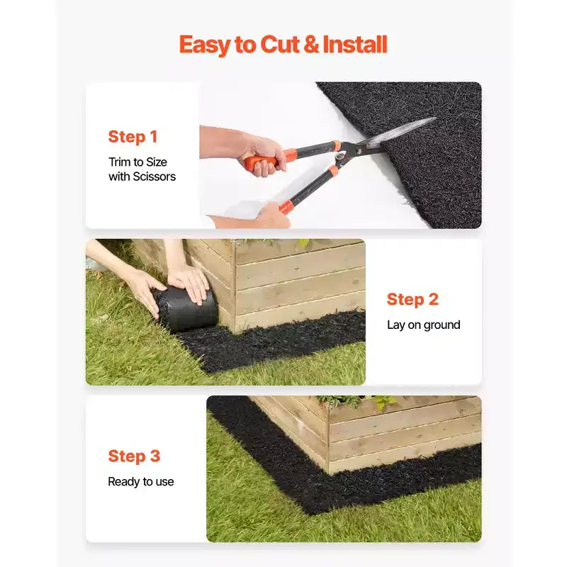 VEVOR Rubber Mulch Mat Roll, 2 Rolls 140 x 4.5 in, Recycled Rubber Permanent Mulch Edging Border, Natural-Looking Flower Barrier with Stakes, Black
