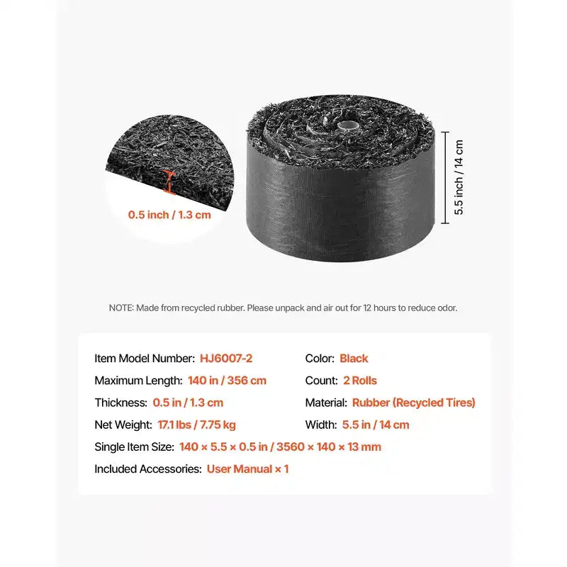 VEVOR Rubber Mulch Mat Roll, 2 Rolls 140 x 4.5 in, Recycled Rubber Permanent Mulch Edging Border, Natural-Looking Flower Barrier with Stakes, Black