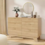 Spacious Storage Solution - 6 Drawer Dresser for Bedroom - Wide Fluted Chest with Gold Handles - Modern Organizer & TV Stand - Natural Oak