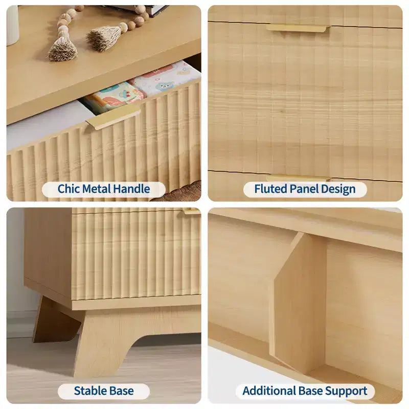 Spacious Storage Solution - 6 Drawer Dresser for Bedroom - Wide Fluted Chest with Gold Handles - Modern Organizer & TV Stand - Natural Oak