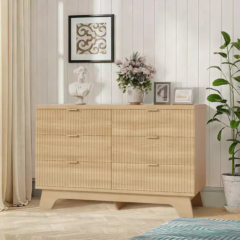 Spacious Storage Solution - 6 Drawer Dresser for Bedroom - Wide Fluted Chest with Gold Handles - Modern Organizer & TV Stand - Natural Oak