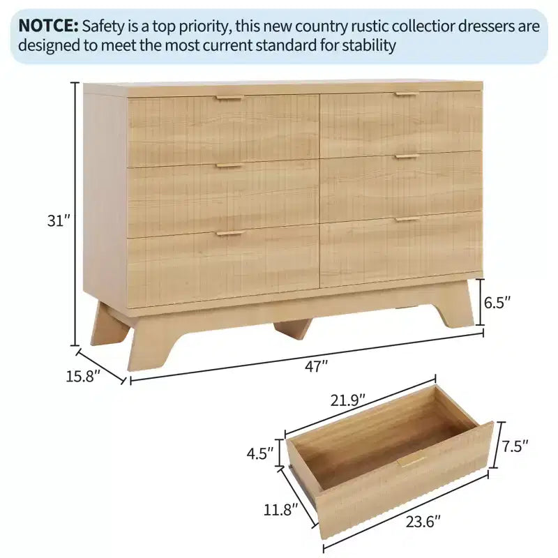Spacious Storage Solution - 6 Drawer Dresser for Bedroom - Wide Fluted Chest with Gold Handles - Modern Organizer & TV Stand - Natural Oak