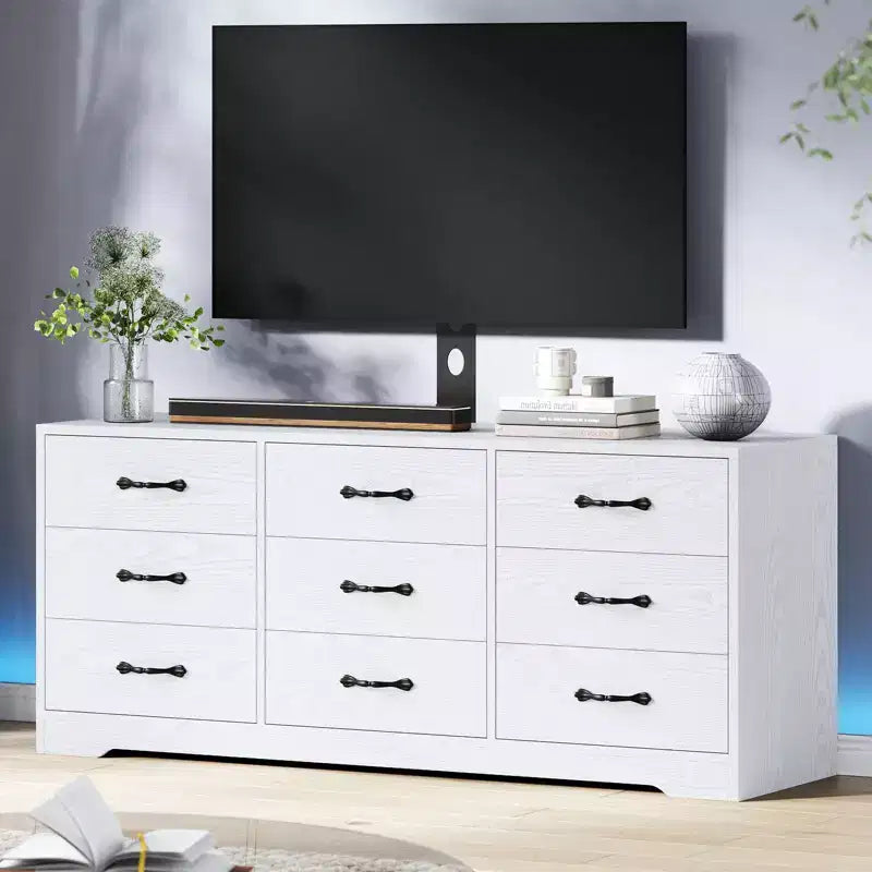 Modern 9-Drawer TV Stand Chest - Black Wood Entertainment Center with Adjustable Mount, Spacious Storage Dresser for 32-85 Inch TVs