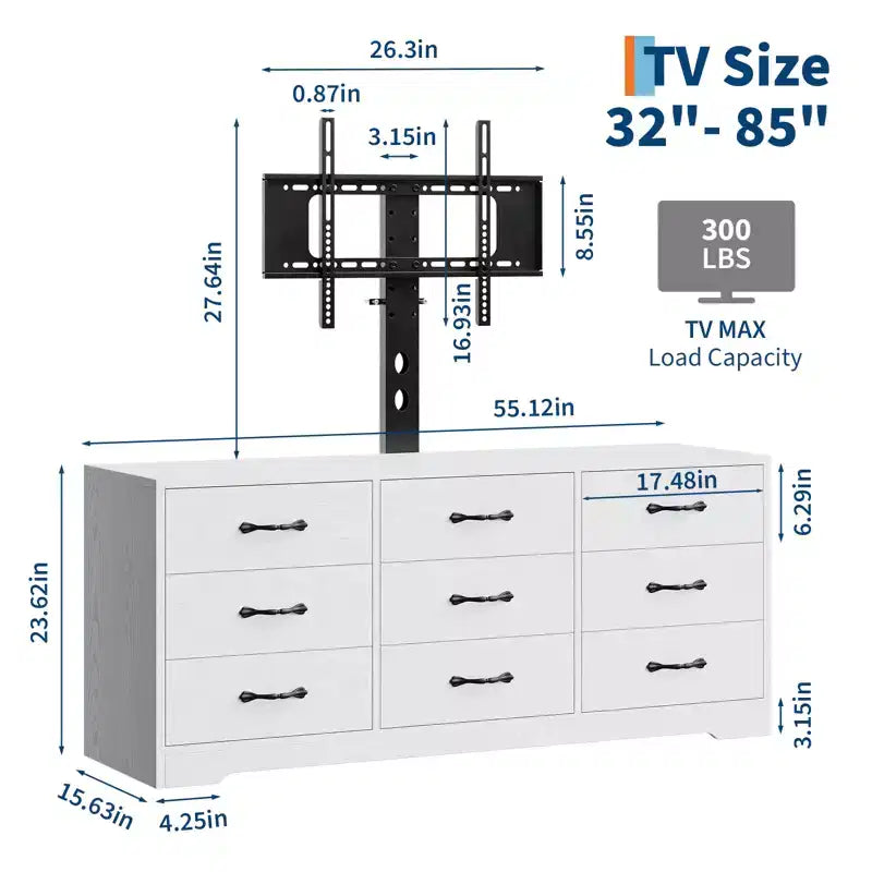 Modern 9-Drawer TV Stand Chest - Black Wood Entertainment Center with Adjustable Mount, Spacious Storage Dresser for 32-85 Inch TVs