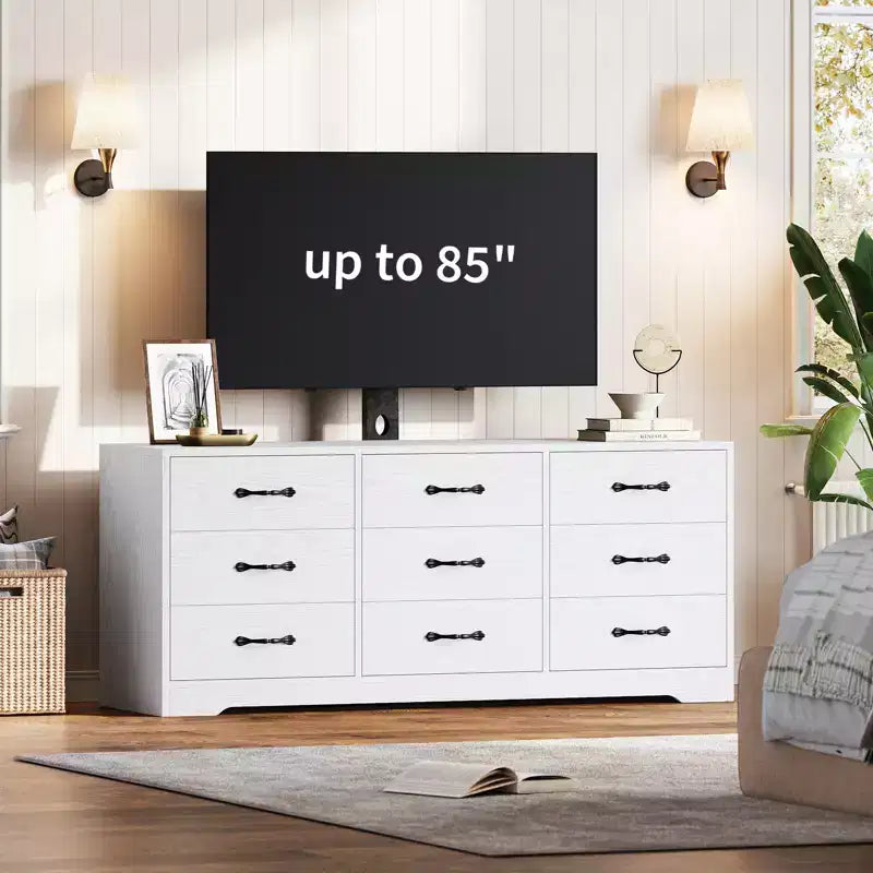 Modern 9-Drawer TV Stand Chest - Black Wood Entertainment Center with Adjustable Mount, Spacious Storage Dresser for 32-85 Inch TVs