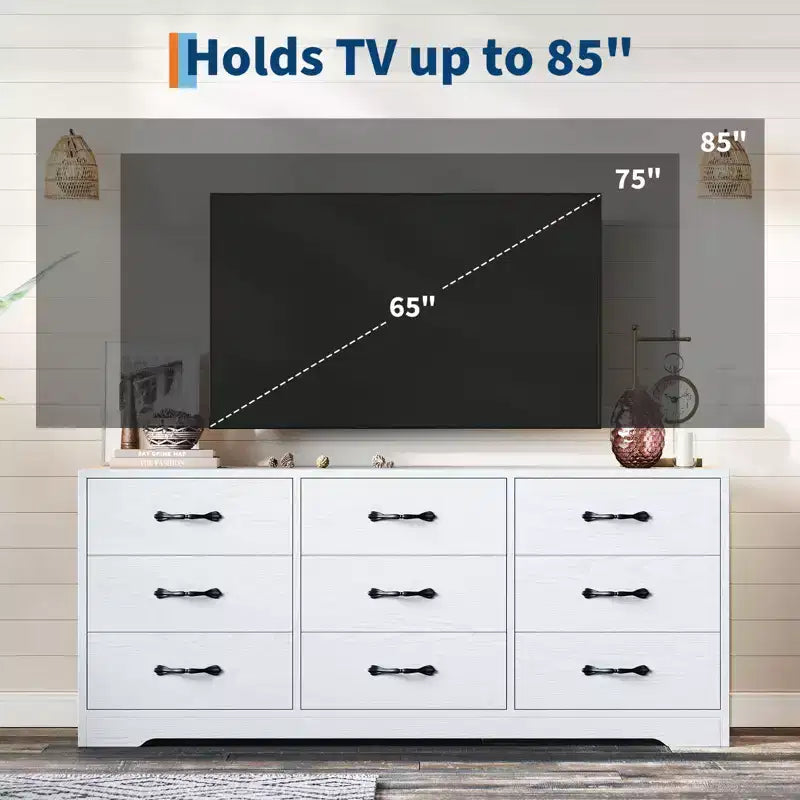 Modern 9-Drawer TV Stand Chest - Black Wood Entertainment Center with Adjustable Mount, Spacious Storage Dresser for 32-85 Inch TVs
