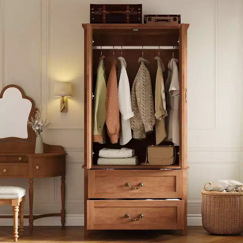 Spacious 71 V Shape Tall Wooden Armoire Wardrobe Closet  2 Doors & Drawers, Hanging Rod  Large Freestanding Storage Cabinetbrown